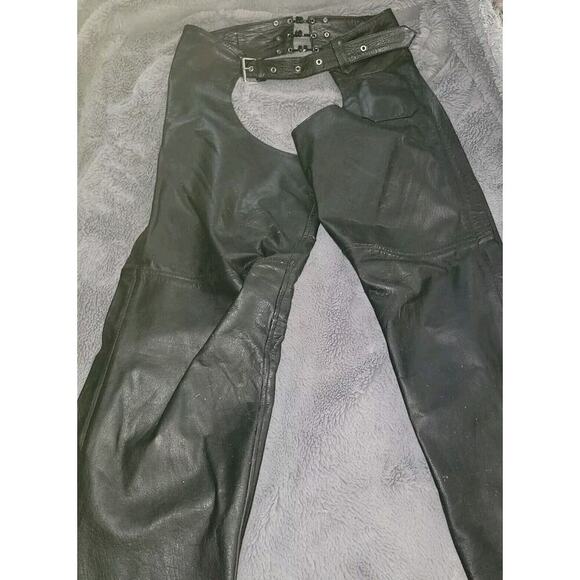 PRO FORCE Leather Chaps Black BIKER Belted Riding Pants Motorcycle Size XXXL 3X - Picture 1 of 14